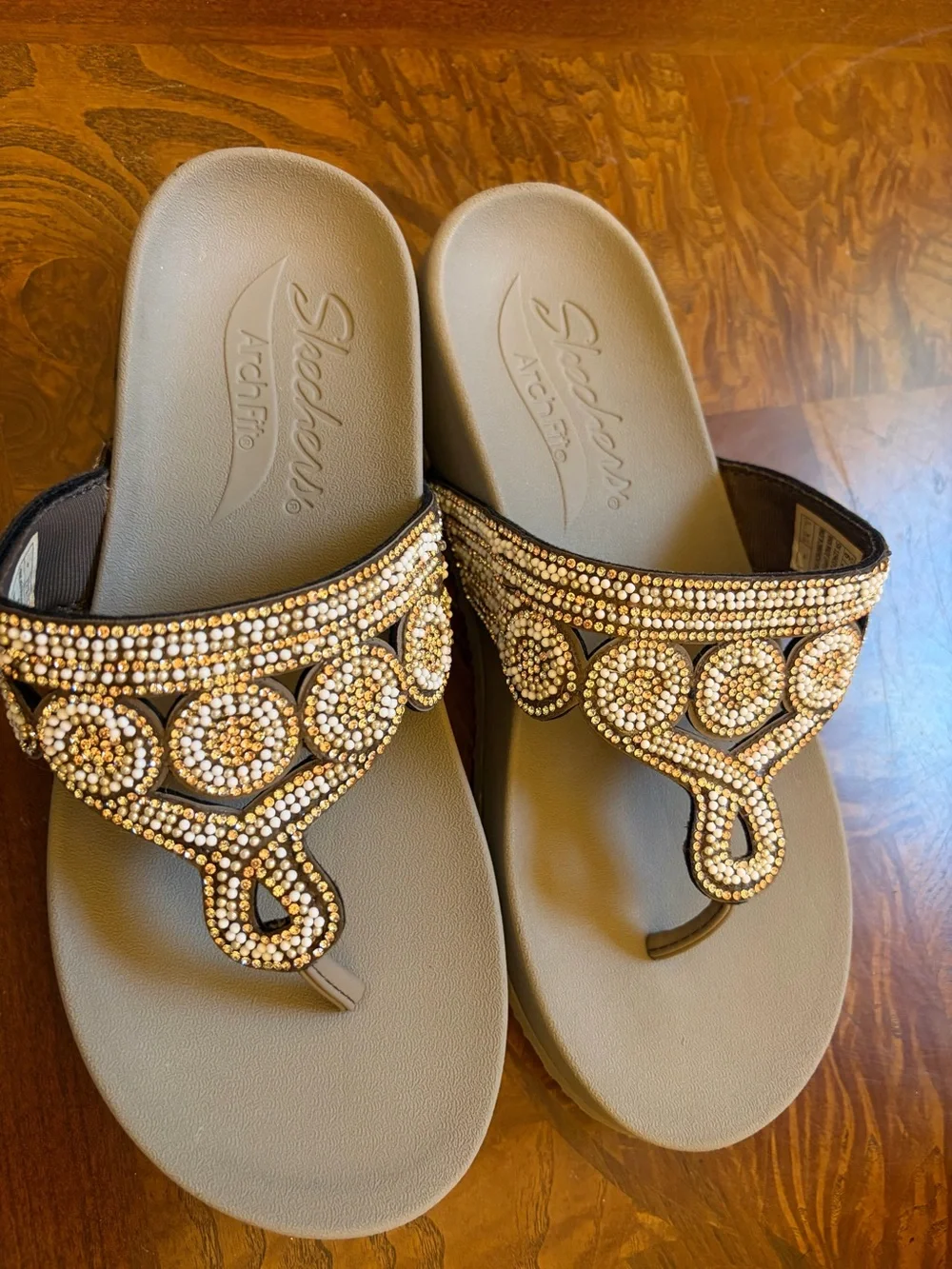 Skechers Taupe Wedge Thong Sandals with Gold Rhinestone Accents